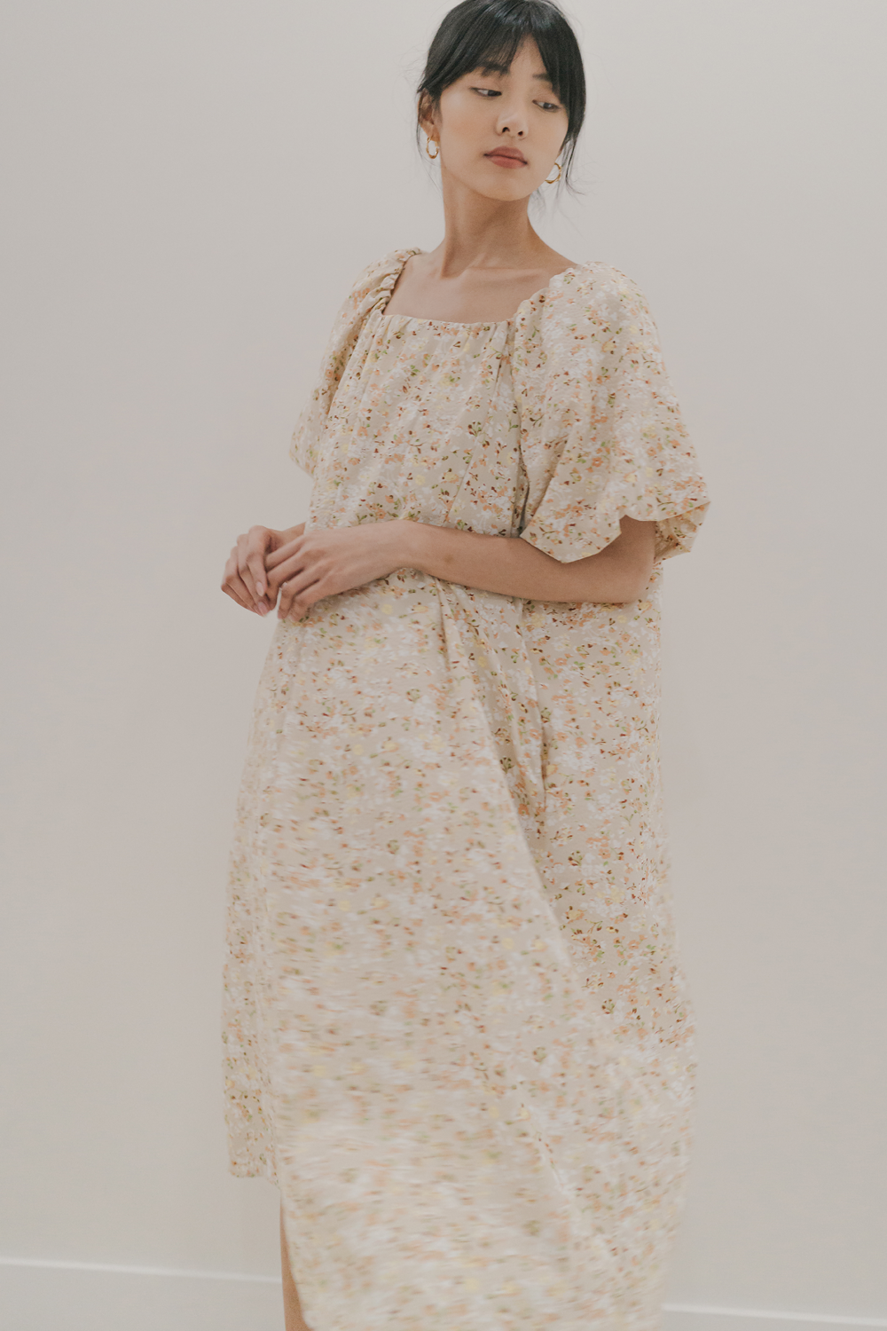 Hinay Puff Sleeve Dress in Brown Floral